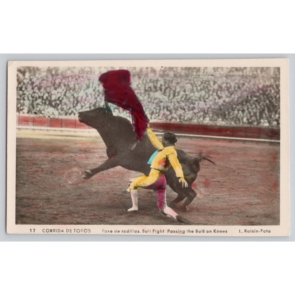 Spanish Bullfighting Matador Bull Fight Passing the Bull on Knees c1930 POSTCARD